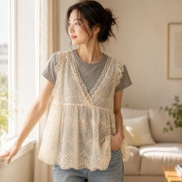 여성 브이넥 레이스 민소매 조끼 블라우스