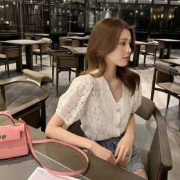 레이스 퍼프 브이넥 블라우스 데이트룩 여리핏 블라우스 FSF-D 0054