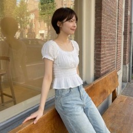 셔링 스모크 페플럼 반팔 블라우스 FSF-0010