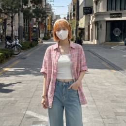 여성 핑크 체크 반팔 셔츠 FSF-G 0004