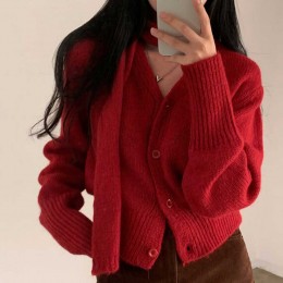 브이넥 니트 가디건 스카프 세트 NM-0022