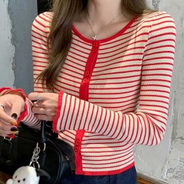 스트라이프 레드 롤업 가디건 NM-0041