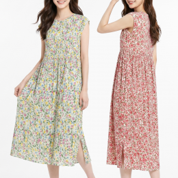 빅사이즈 주름 꽃나염 민소매 원피스
