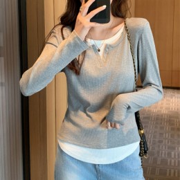 배색 골지 브이넥 슬림핏티셔츠 UC-0239