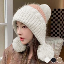 배색 기모 안감 귀여운 니트 방울 모자 URD-451