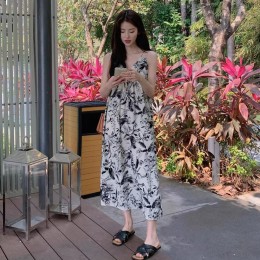 수묵화 플라워 패턴 앞리본 여름 원피스 URD-516