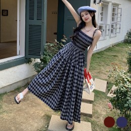 체크 튜브탑 A라인 민소매 롱 원피스 URD-520