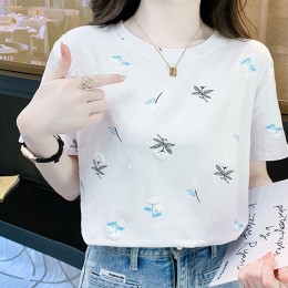 입체 화이트꽃 푸른 꽃잎 반팔 티셔츠 URD-529