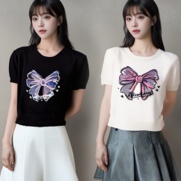 리본 라운드넥 여름 니트 티셔츠 URD-537