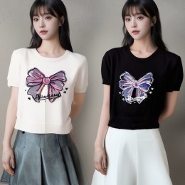 리본 라운드넥 여름 니트 티셔츠 URD-537