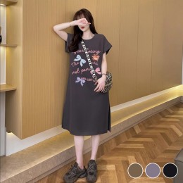 리본 영문 오버핏 밑단 트임 원피스 URD-538