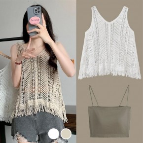 빈티지 패턴 뷔스티에 레이어드 나시 조끼 세트  URD-556