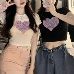 여성 하트 영문 프린팅 크롭 반팔티 URD-207