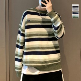 배색 라인 라운드넥 오버핏 긴팔 티셔츠 URD-225