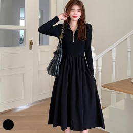 올블랙 칼라감 반집업 스타일 A라인 롱 원피스 URD-242