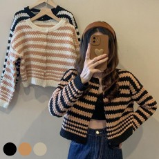 살짝 크롭 기장 예쁜 배색 스트라이프 가디건 URD-248