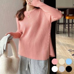 라운드넥 옆부분 절개 단추 니트 티셔츠 URD-260