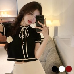 넥리본 반크롭 니트 가디건 URD-365