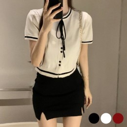 넥리본 반크롭 니트 가디건 URD-365