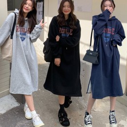 여성 영문 포인트 기모 안감 후드 원피스 URK-416