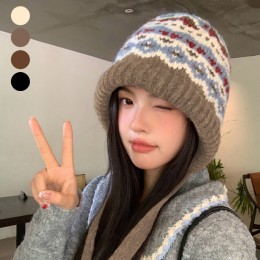 여성 모자 패턴 니트 끈 모자 URK-437