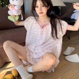 여자 핑크 리본 매듭 잠옷 상하의세트 URK-468