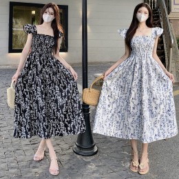 여자 플라워 패턴 스모크 스퀘어넥 원피스 URK-489