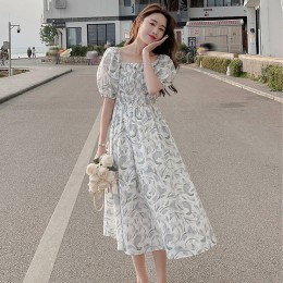 여자 스모크밴딩 플라워 퍼프 소매 원피스 URK-490