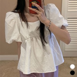 여자 입체 패턴 스퀘어 반팔 블라우스 URK-494