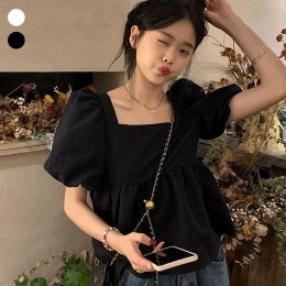 여자 입체 패턴 스퀘어 반팔 블라우스 URK-494