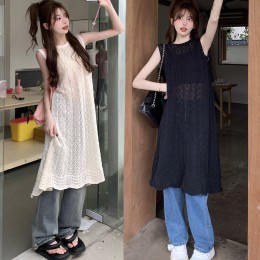 여자 뒷트임 시스루 짜임 레이어드 롱 조끼 URK-497