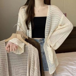 여자 통기성 그물 노버튼 통 소매 가디건 URK-498