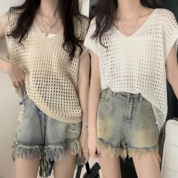 여자 레이어드 펀칭 니트 브이넥 조끼 URK-499
