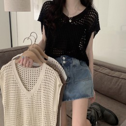 여자 레이어드 펀칭 니트 브이넥 조끼 URK-499
