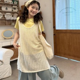 여자 양 옆 트임 그물 펀칭 롱 조끼 URK-500