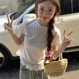 여자 밑단 레이스 슬림 화이트 반팔 티셔츠 URK-501