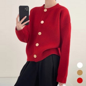 여자 라운드넥 골드 버튼 베이직 가디건 URK-511