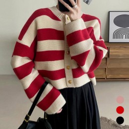 여자 스트라이프 라운드넥 미디 가디건 URK-512