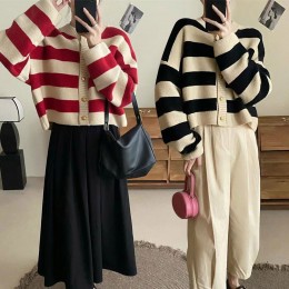 여자 스트라이프 라운드넥 미디 가디건 URK-512