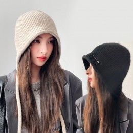 여자 겨울 롤업 영문 니트 끈 모자 URK-536