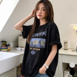 여성 오버핏 영문 드롭숄더 반팔 티셔츠 URK-573