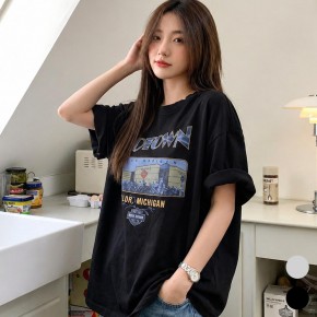 여성 오버핏 영문 드롭숄더 반팔 티셔츠 URK-573