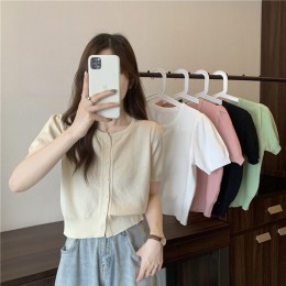 여성 라운드넥 밑단 트임 니트 반팔 가디건 URK-578