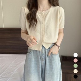 여성 라운드넥 밑단 트임 니트 반팔 가디건 URK-578