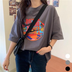 여성 라운드넥 원형 루즈 오버핏 반팔 티셔츠 URK-580