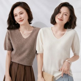 여성 풀오버 얇은 니트 브이넥 반팔 티셔츠 URK-591