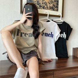 여성 소매 롤업 레터링 반팔 티셔츠 URK-151