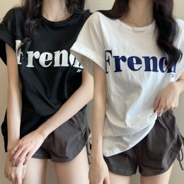 여성 소매 롤업 레터링 반팔 티셔츠 URK-151