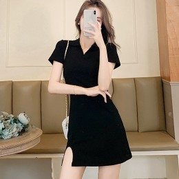 트임 브이넥 카라 블랙 원피스 URK-159