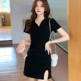 트임 브이넥 카라 블랙 원피스 URK-159